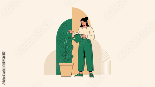 Young woman reading and using her smartphone near a large indoor plant in a modern minimalistic