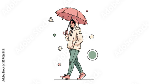 Stylish young woman walking in rainy weather holding an umbrella wearing casual hoodie and jeans