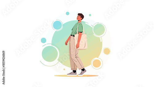 Young man with backpack enjoying outdoor scene surrounded by colorful bubbles and abstract