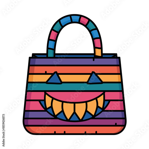 Vibrant striped Halloween candy bucket with a spooky carved face smiles with sharp teeth in a playful and festive cartoon illustration for holiday celebrations