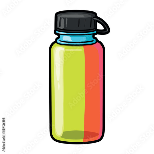 Colorful reusable sports water bottle illustration with a black screw cap and handle, featuring vibrant vertical stripes in a bold, glossy cartoon vector graphic style