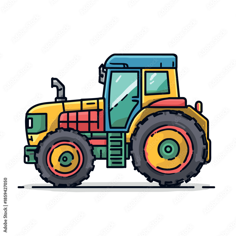 Obraz premium Colorful cartoon tractor illustration with bold outlines is depicted in a flat, modern graphic style from a side view perspective, showcasing its vibrant design