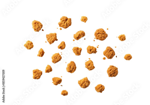 Scattered toasted golden-brown cookie crumbs, varied sizes and textures, on a clean, transparent background with soft studio light, concept for culinary design