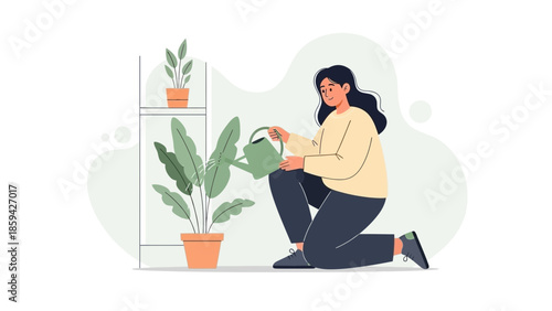 Woman kneeling and watering a large indoor houseplant in a bright home setting