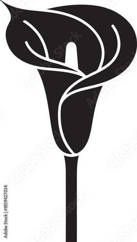 Elegant black silhouette of a calla lily flower against a pristine white background