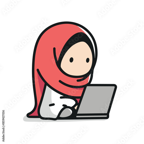 Cute cartoon illustration of a woman in a red hijab sitting and working diligently on her laptop computer, representing a modern professional or student