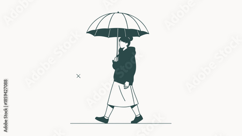 Minimalist Illustration of a Woman Walking with an Umbrella in a Calm and Elegant Style