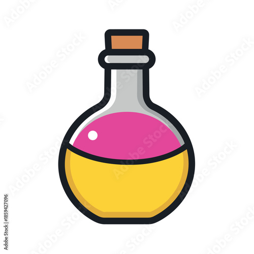 Colorful magic potion bottle icon with yellow and pink liquid sealed with a cork stopper, representing alchemy, fantasy, and science in a simple flat vector illustration