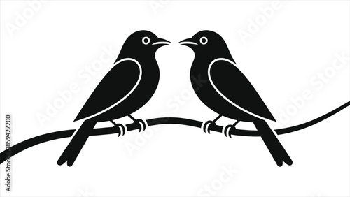 Valentines love birds on branch silhouette vector, romantic kissing bird couple illustration, black and white minimal design for wedding invitations, anniversary cards and romantic decor clipart icons