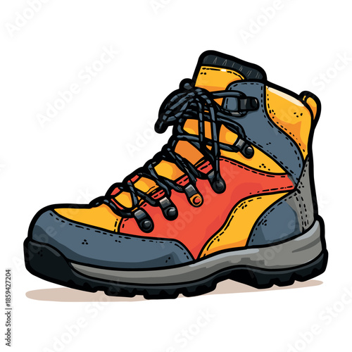 Colorful cartoon hiking boot illustration with thick black outlines and a rugged sole, designed for outdoor adventure and trekking concepts, shown from a side view perspective