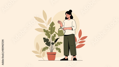 Woman Caring for Houseplants in a Minimalist Indoor Garden Scene