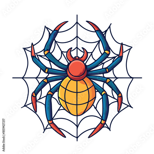 Colorful stylized spider with blue legs and a yellow abdomen sits in the center of its web in a cool tattoo-style vector illustration with bold outlines
