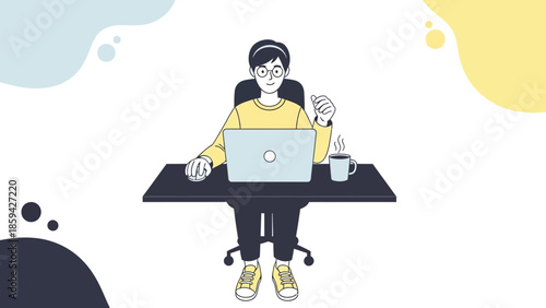 Young woman working on laptop at desk with coffee in a modern illustration style