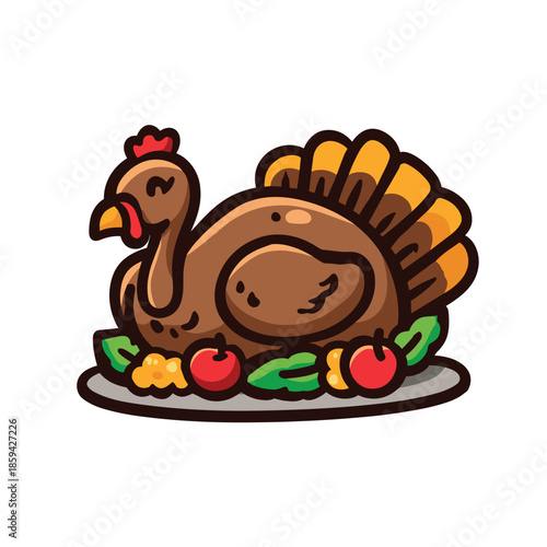 Charming cartoon roasted turkey illustration presented on a platter with apples and greens, representing a traditional holiday feast or Thanksgiving meal