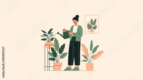 Young woman caring for indoor plants in a cozy home setting with modern decor