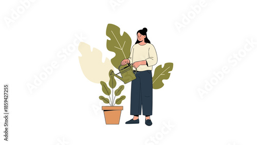 Woman Watering Indoor Plants in a Minimalist Style Illustration for Home Gardening Enthusiasts