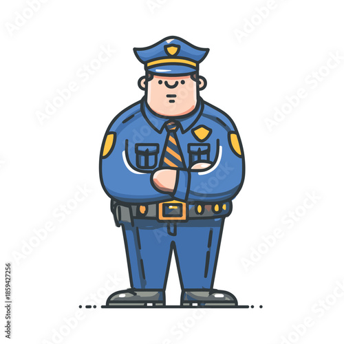 Cartoon police officer in a blue uniform and cap stands with his arms crossed, presenting a serious and authoritative look in a flat vector illustration style with bold outlines