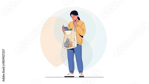 Young woman engrossed in her mobile phone while carrying a reusable shopping bag with groceries