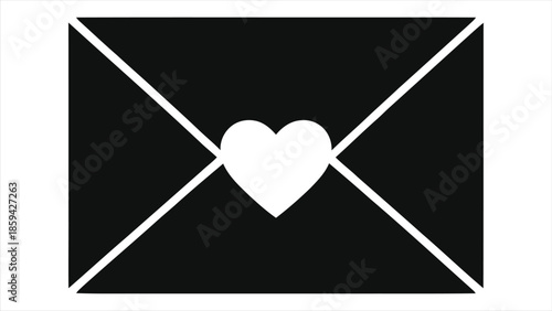 Valentine's Day Vector: Black Love Letter Envelope with Heart Symbol, Romantic Greeting Illustration for Cards, Invitations, and Romantic Messages, Minimalist Design, Editable and Scalable