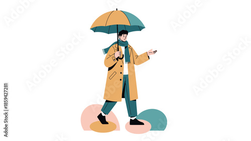 stylish young man walking with umbrella in autumn city street minimalist illustration