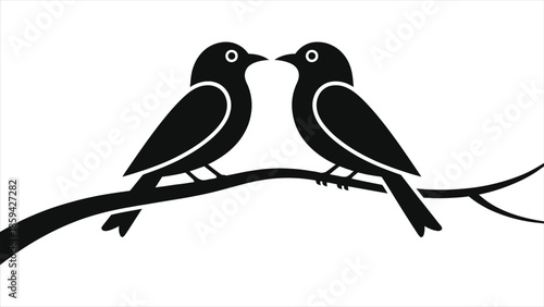 Valentine Love Birds Silhouette on Branch Vector | Romantic Black and White Bird Couple Illustration for Valentines Day, Wedding, Anniversary, Greeting Cards, Logos, Clipart, Icons