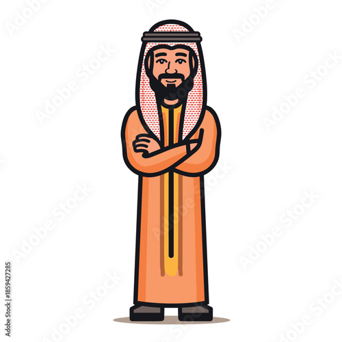 Friendly cartoon Arab man character in a traditional orange thobe and ghutra headscarf stands confidently with his arms crossed, looking directly at the viewer with a pleasant smile