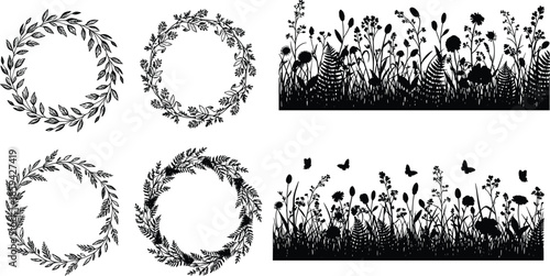 Floral wreath circle frame and meadow grass border set, wildflower field silhouette with butterfly, nature decoration, cad drawing flat vector illustration