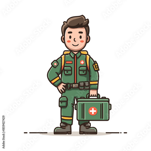 Friendly cartoon male medic character in a green uniform holding a first aid kit, smiling confidently and ready to provide emergency medical assistance in a cute vector style