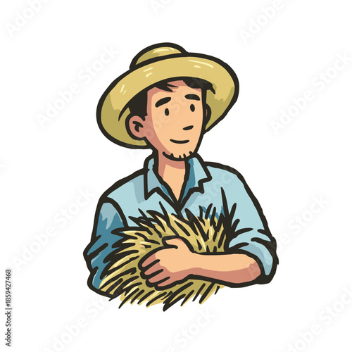 Cartoon illustration of a young farmer wearing a straw hat and blue shirt holds a sheaf of wheat with a gentle smile, representing agriculture and the harvest season