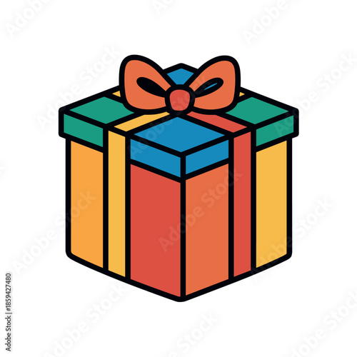 Colorful illustrated gift box with a festive orange bow is shown in a vibrant, graphic style, representing a present for a birthday, holiday, or special celebration