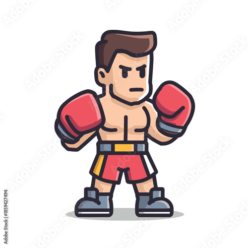 Muscular cartoon boxer fighter in red gloves and shorts poses in a defensive stance, showing a strong and determined character design with a serious facial expression