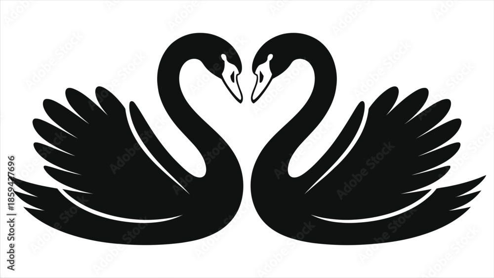 Fototapeta premium Swan Couple Silhouette Forming Heart Shape Vector Illustration | Minimalist Black White Romantic Love Symbol for Valentine's Day, Wedding Invitations, Anniversary Cards, Romantic Greeting Design, Logo