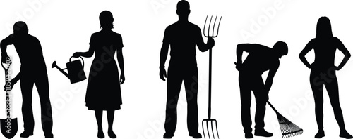 Gardening people silhouettes set, farmers with tools, shovel, rake, watering can, pitchfork, agricultural workers black shapes - cad drawing flat vector illustration
