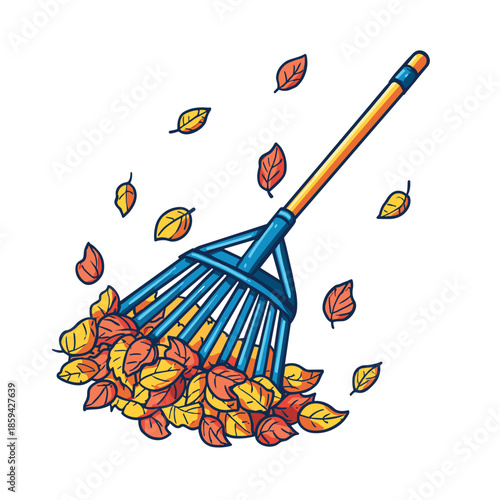 Blue and orange cartoon leaf rake gathering a pile of colorful fallen autumn leaves in a vibrant, dynamic illustration showing seasonal yard work and gardening chores