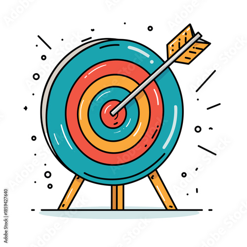Vibrant cartoon target with an arrow striking the exact center bullseye, symbolizing business strategy, marketing accuracy, and achieving goals