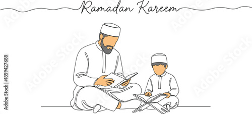 Muslim father and son reading Quran together vector illustration for Ramadan Kareem celebration Islamic family education religious teaching and holy month background.