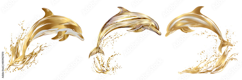 Fototapeta premium A set of shimmering golden dolphins leaping Through majestic splashes of liquid gold, Isolated on a white or transparent background.