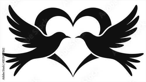 Valentine Birds Heart Vector Silhouette; Elegant Love Birds Flying in Heart Shape, Romantic Wedding Dove Icon, Black Minimalist Couple Tattoo Design, Anniversary Greeting Card Graphic Illustration