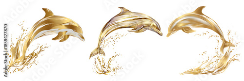 A set of shimmering golden dolphins leaping Through majestic splashes of liquid gold, Isolated on a white or transparent background.