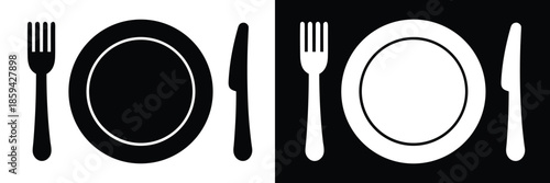 Fork, knife, and plate set icon vector, Restaurant menu icon, black and white vector illustration