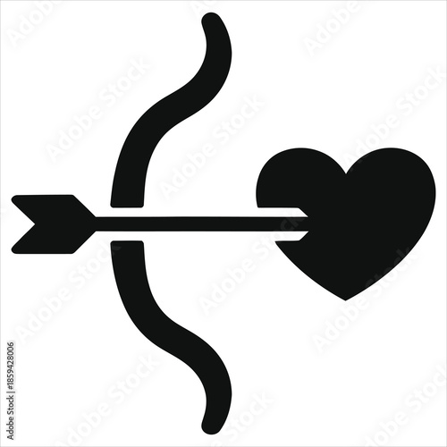 Valentine's Day heart with bow and arrow vector icon. Black silhouette of Cupid arrow piercing love symbol. Romantic wedding symbol, dating app logo design element isolated on white background.