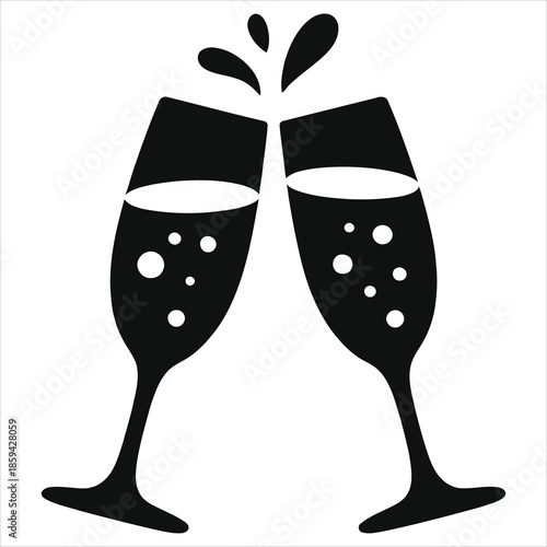 Romantic Valentine's Day Champagne Glasses Toast Silhouette Vector; Two Sparkling Wine Flutes Clinking with Bubbles and Splash; Celebration Icon for Wedding, Anniversary, Party, and Date Night Event