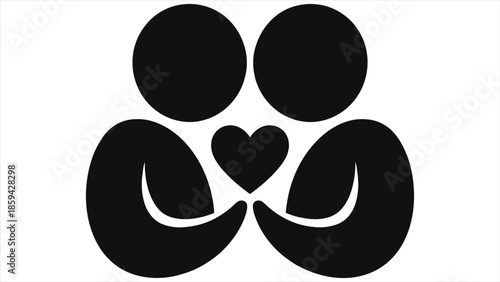 Loving couple holding a heart icon vector illustration. Romantic silhouette of two people hugging for Valentine's Day. Abstract black symbol of love, care, unity, wedding and marriage logo design.