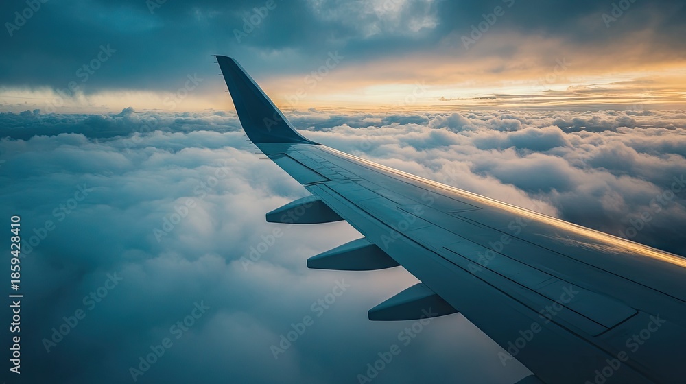 Obraz premium Serene View from Airplane Wing Above Soft Clouds with Beautiful Sunset Lighting and Dramatic Sky Colors