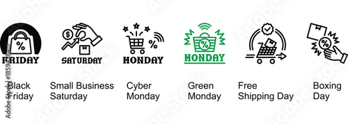 End Of Year Shopping Events banner web icon vector illustration of Black Friday, Small Business Saturday, Cyber Monday, Green Monday, Free Shipping Day, Boxing Day