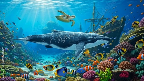 Underwater Scene with Shark and Colorful Coral Reef Featuring Sunlit Ocean Environment