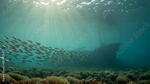 Underwater Scene with Shipwreck and School of Fish in Clear Tropical Water for Scuba Diving and