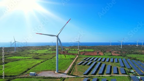 Sustainable Energy Landscape - Wind Turbines and Solar Panels Powering the Future.