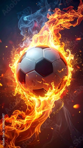 A soccer ball is engulfed in flames, surrounded by wisps of smoke against a dark blue background