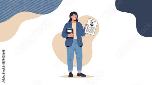 Modern Female Professional Holding Resume and Smartphone in Creative Office Environment